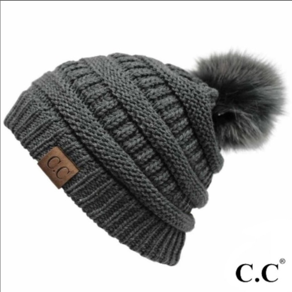 C.C Melange Gray Ribbed Knit Pom Pom Beanie - Picture 2 of 4